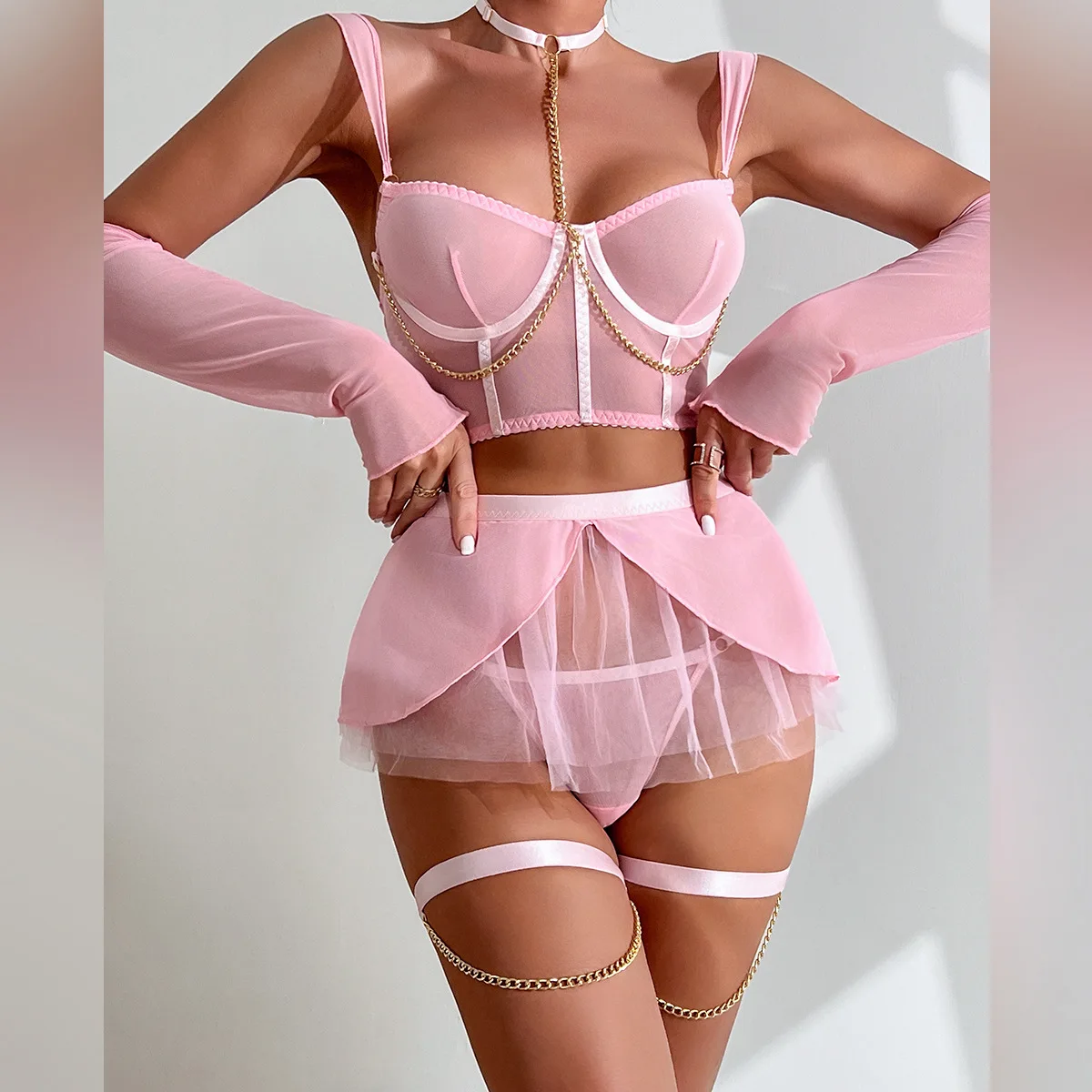 2025 New Hot-selling Mesh Lace Cross Strap Garter Separate Sex Lingerie Suit Splicing Underwear for Girl