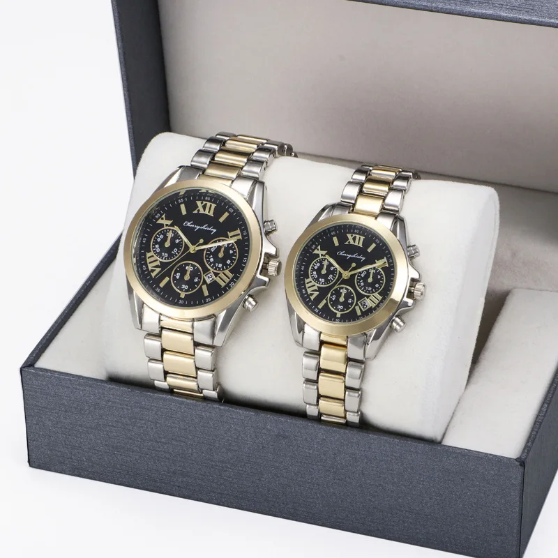 MK Style Two Tone Gold Color Quartz Movement Stainless Steel case Back Man and Lady Pair Couple Watch