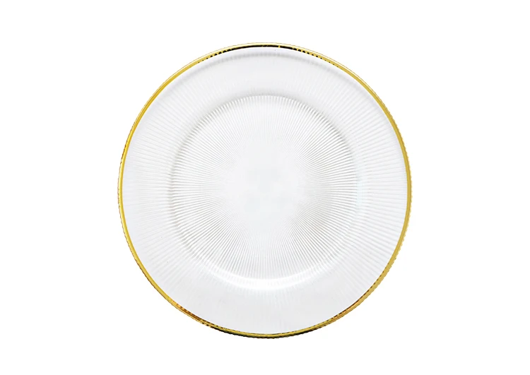 Hot Sale Wedding Banquet Gold Rimmed Crystal Transparent Color Decoration Plates Streak Clear Glass Charger Plates