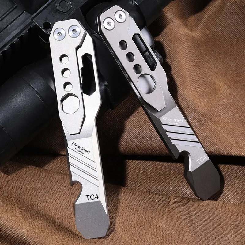 A4 Compact 4 Inches Stonewashed TC4 Titanium Pry Bar Multi-Tool EDC Prybar With Bottle Opener, Hex Wrench, Pocket Money Clip Crowbar