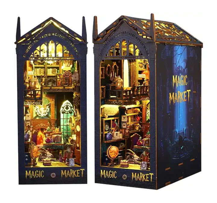 Nový Magic Market Book Nook 3D dřevěná skládanka podpěra pro knihy DIY miniatura domu vložka na police Kit pro knihovnu vzdělávací skládanka