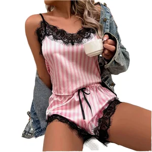 European American Style Summer Strap Pajama Set Breathable Pink Striped Satin Silk Lace Floral Knee-Length Sexy Elastic Waist