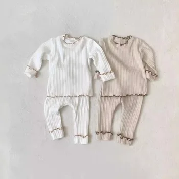 Spring Autumn Baby Girls' Casual Two-Piece Set Thermal Underwear with Ruffle Trim Spring Autumn Baby Pajamas Button Closure