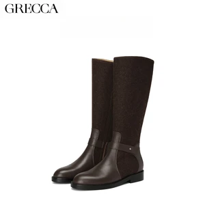 GRECCA Women's Brown Wool- Leather Mix Knee-High Boots Low Heel Buckle Accent Versatile & Trendy Design Western Style