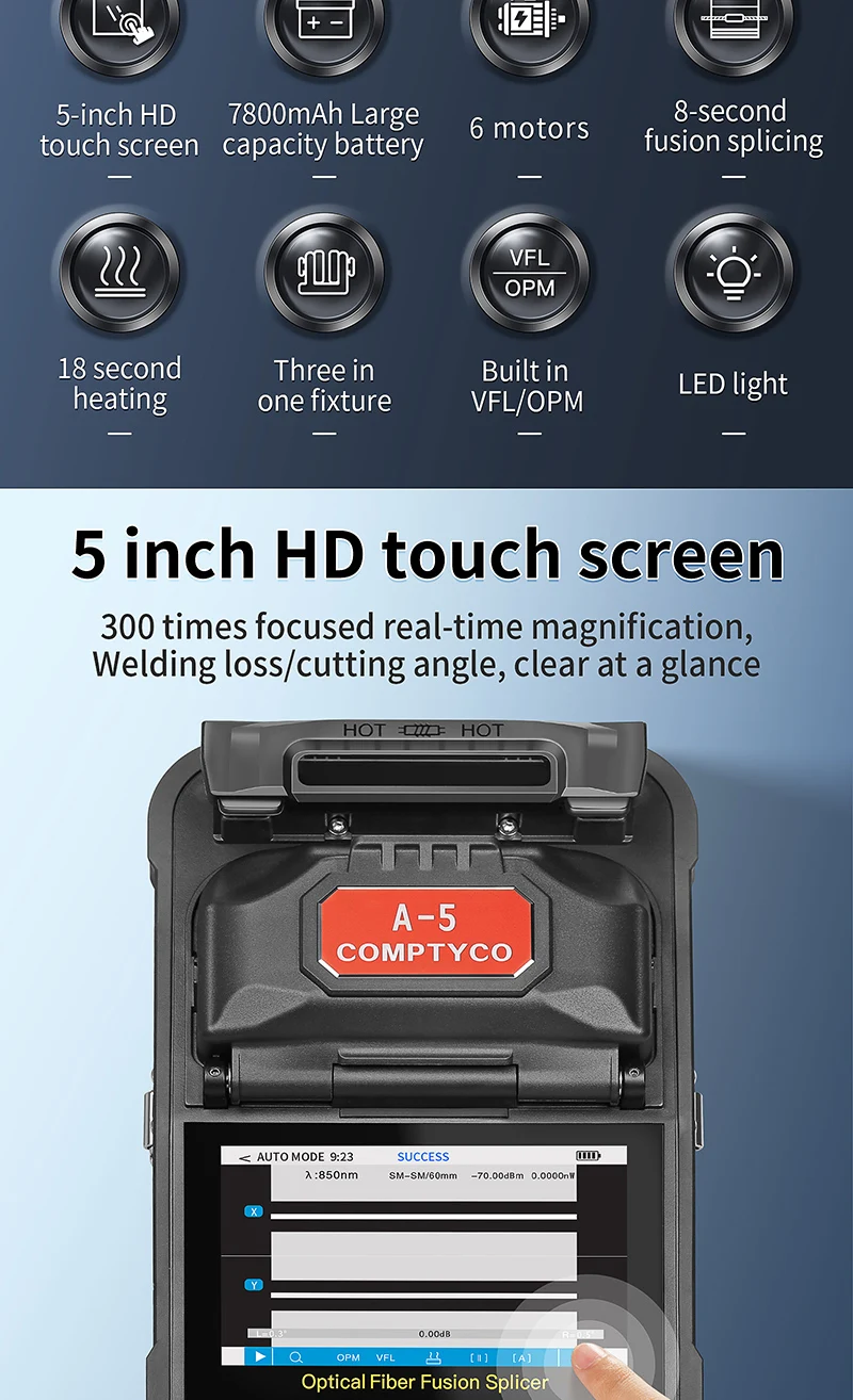 COMPTYCO A-5 Optical Fiber Welding Machine with OPM/VFL Touchscreen Fusion Splicer Machine 7800mAh Fiber Optic Fusion Splicer manufacture