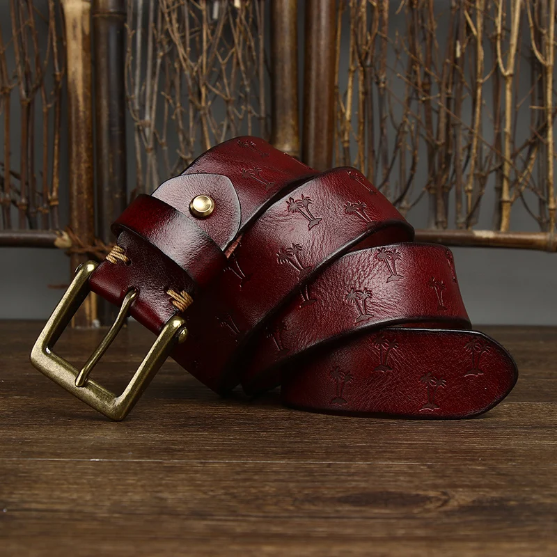 Vintage Korean Version Machine Pressed Pattern Italian Plant Tanned Male Leather Pure Cowhide Copper Buckle Belt Wholesale