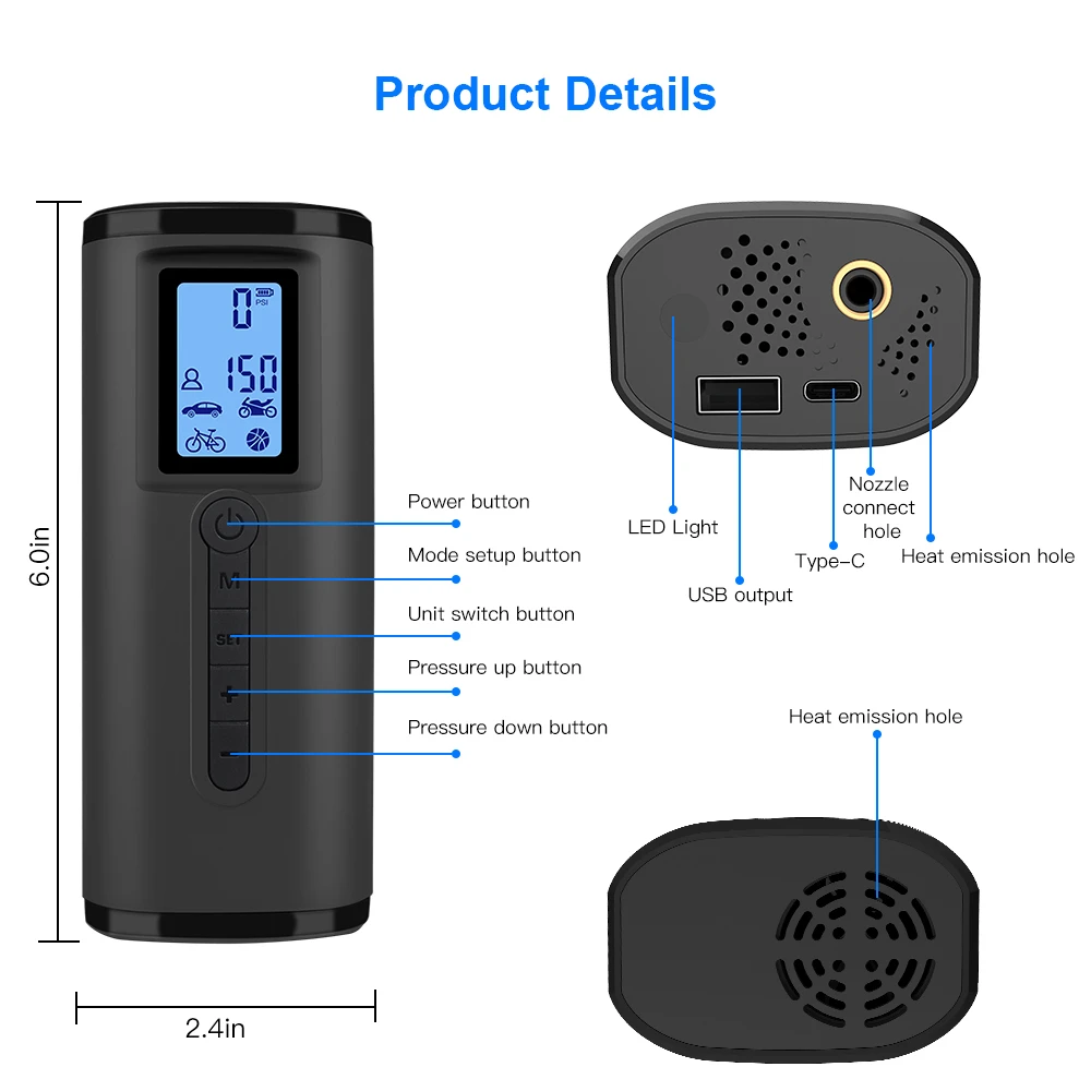 Hot Sale Electric Smart Rechargeable Tire Inflator Bike/Motorcycle/Car Tires/Balls Air Pump