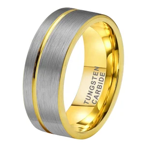 Coolstyle Jewelry 8mm Pipe Cut Offset Line Gold Plated Tungsten Carbide Ring for Men Women Fashion Engagement Wedding Band