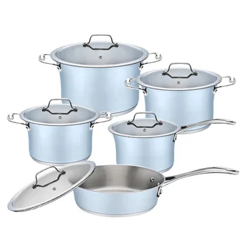 Wholesale kitchenware stainless steel cooking pot set blue ceramic painting cookware pots and pans with tulip shape body