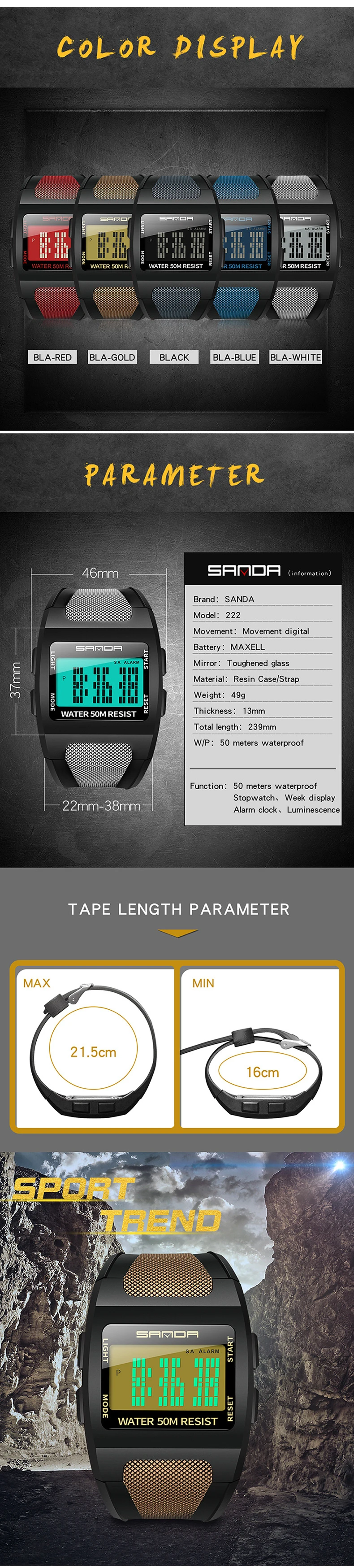 Sanda 222 Doigital Sports Waterproof Electronic Watch for Men