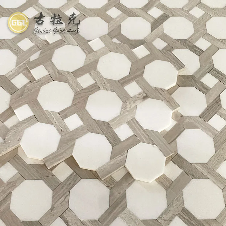 Thassos white Marble mix Wood Marble Octagon Shape Marble Floor for Bathroom Tile