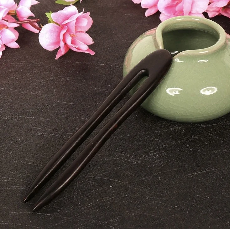 Chinese Hairpin U Shaped Hair Forks Vintage Green Sandalwood Wooden Sticks for