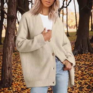 China V-Times Women's Solid Cardigan Sweater Coat Autumn Loose Casual Knitted Jacket Regular Sleeves V-neck  Breathable