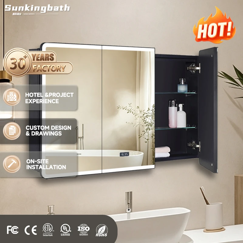 European Vanity Cabinet LED Medicine Cabinet Anti-Fog Smart Touch Large Wall Mounted Lighted Mirrored Medicine Cabinet