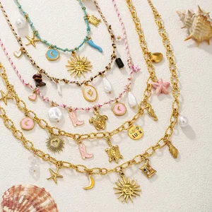 CLIORO Adjustable Colorful Rope Shell Pearl Necklace for Women Gold Plated Stainless Steel Chains Hot Sale Hypoallergenic Gift