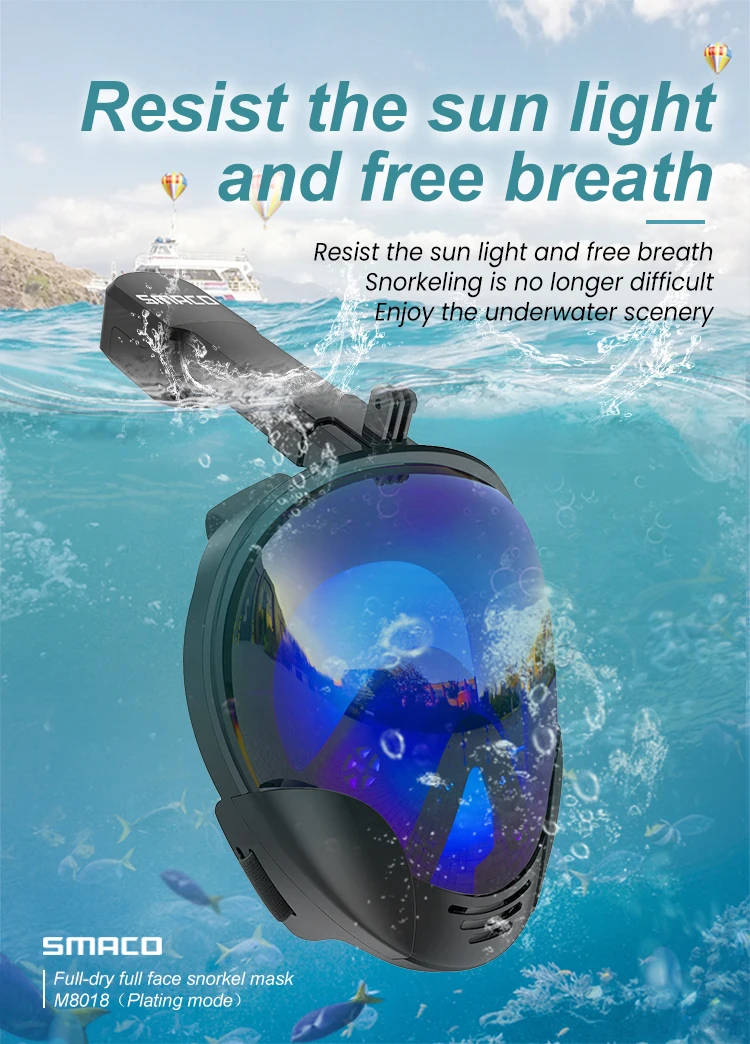 SMACO Full Face Diving Mask With Camera Mount – Snorkeling & Scuba, Anti-Fog, 180° View (Black)