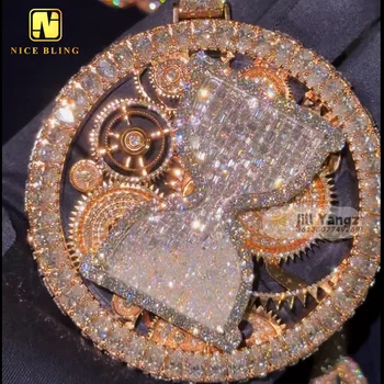 Custom Jewelry Maker Luxury Baguette Moissanite Spinning Pendant Hourglass Hip Hop Jewelry Rock Custom Moissanite Pendant
