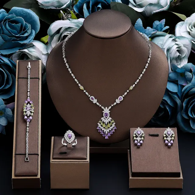 Luxury Dubai Jewelry Sets Cubic Zirconia 4pcs Wedding Jewelry Set Fine Bridal Jewelry Sets for Women Brides Party