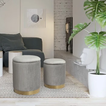 Modern Space Saving Velvet Pouf Round Velvet Fabric Storage Round Ottoman
