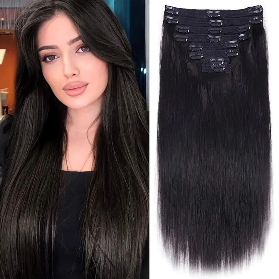 Gerade Clip-in-Haarverlängerungen mit 120 g doppeltem Schuss, brasilianischem Echthaar, Naturschwarz, für Frauen_voghion.com