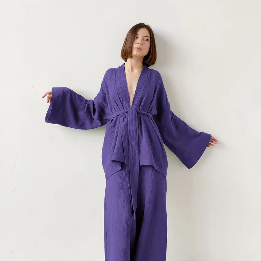Womens Washed Cotton Gauze Pajama Set Double Layer Breathable Long Sleeve Wrap Full Length Pants Autumn Loungewear — detail