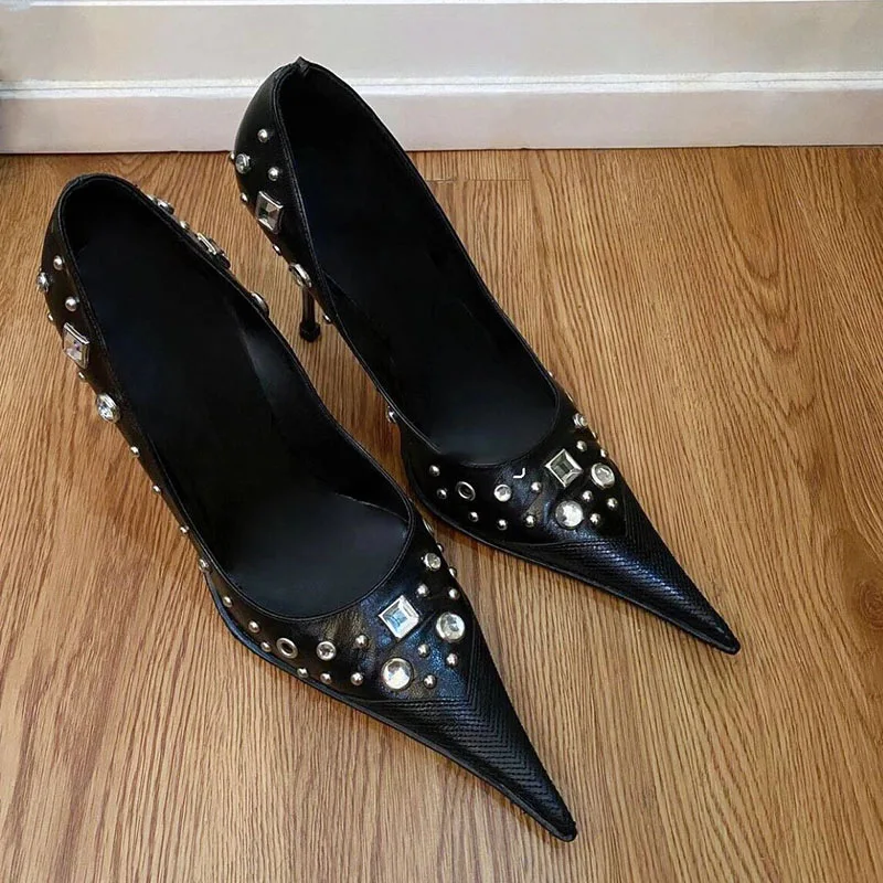 2024 Women Pointed Toe Spain Stiletto Pumps Punk Rivet Rhinestone Mules High Quality Closed High Heels Shoes For Women - Image 3