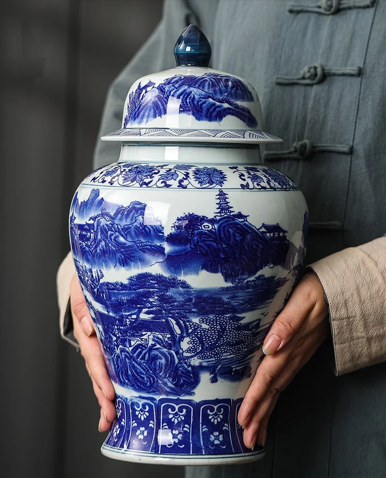 中国アンティークqing王朝青と白セラミック大きな花瓶手作り家の装飾