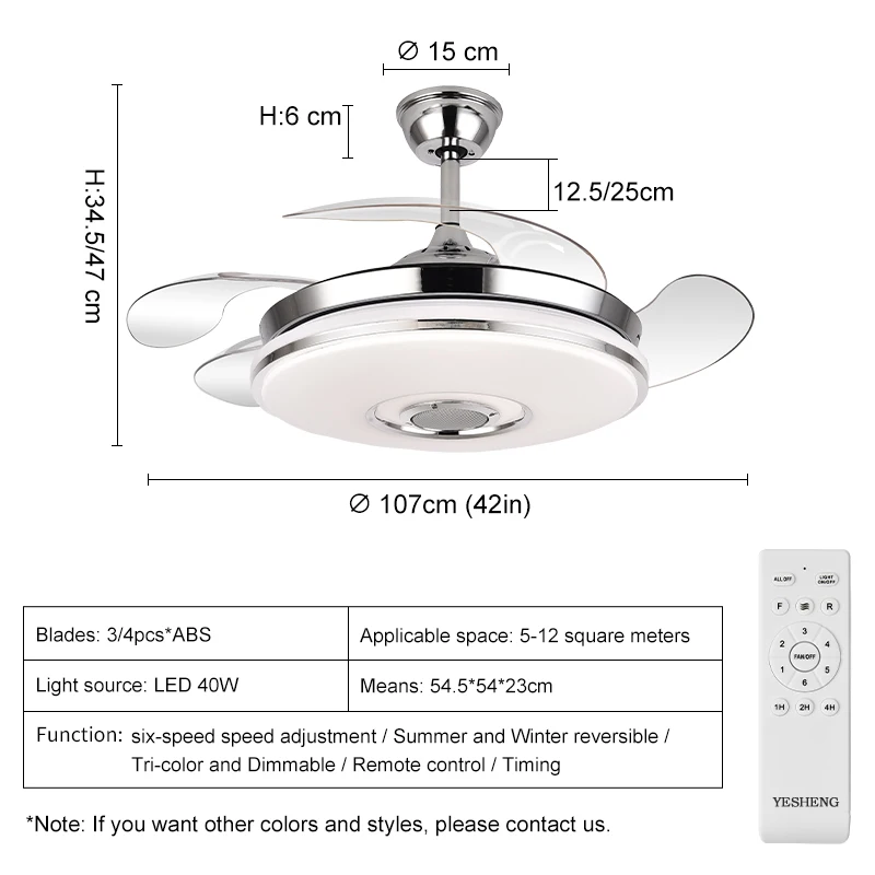 2034S 42Inch Modern Retractable Ceiling Fans with Light Speaker Music Player Chandelier 3 Colors Invisible Blades Remote Control