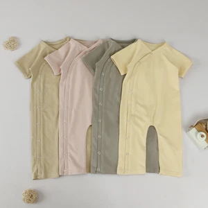 Soft 95%Cotton 5%Elastic Infant Boys Short-Sleeve Rompers with Side Snap Placket for Daily Wear & Spring/Summer