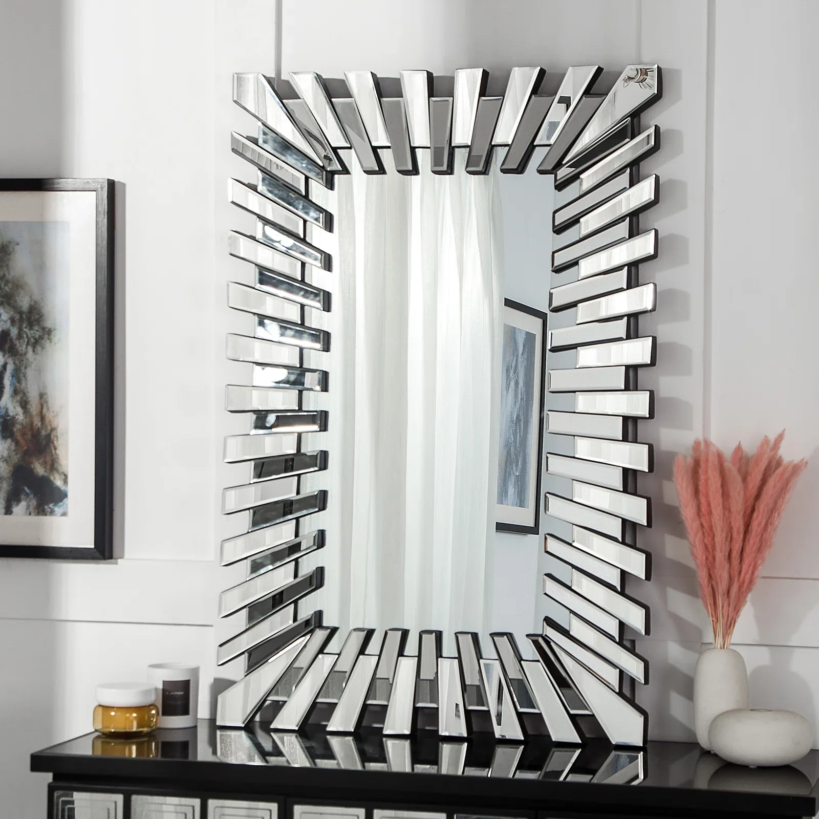 Modern Hanging Mirror Rectangle Glass Wall Mirror 3d Design Beveling