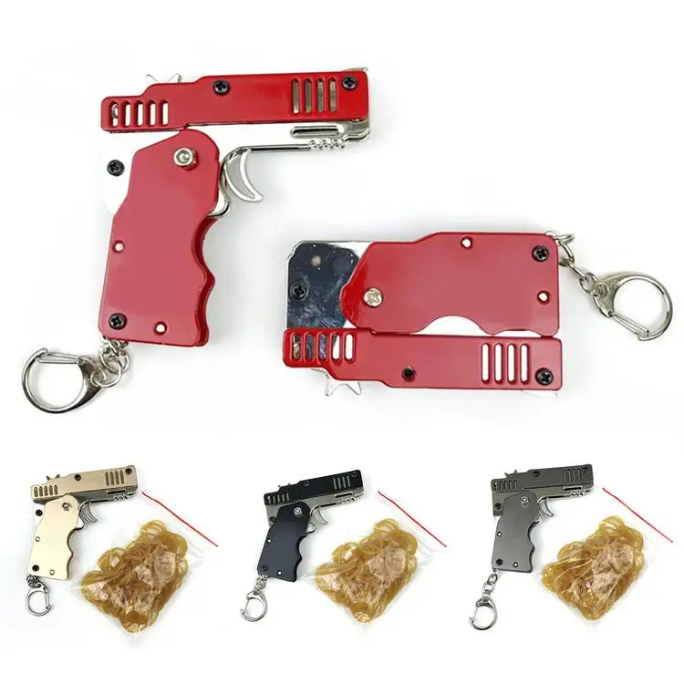 NEW Rubber Band Gun Mini Metal Folding 6-Shot with Keychain and Rubber Band 2021