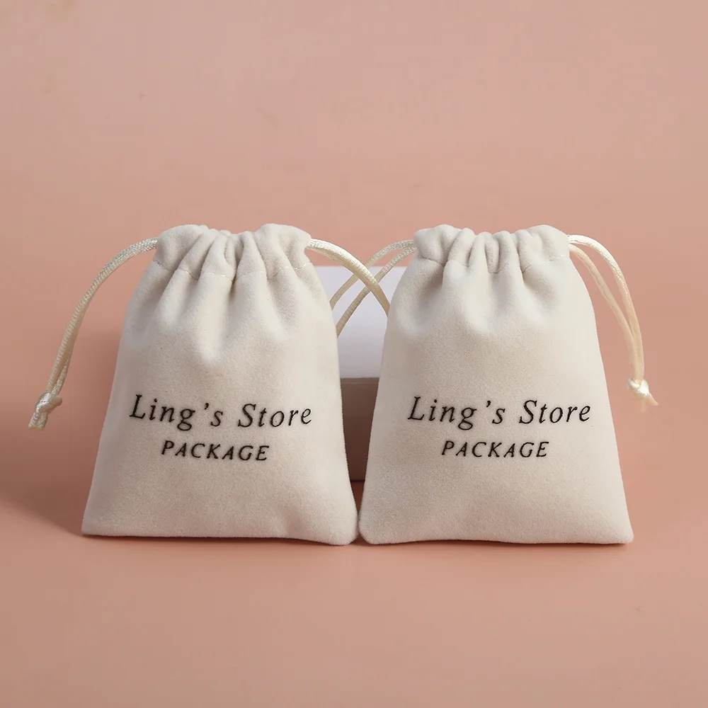 Wholesale Custom Logo Luxury Small Beige Velvet Drawstring Bag for