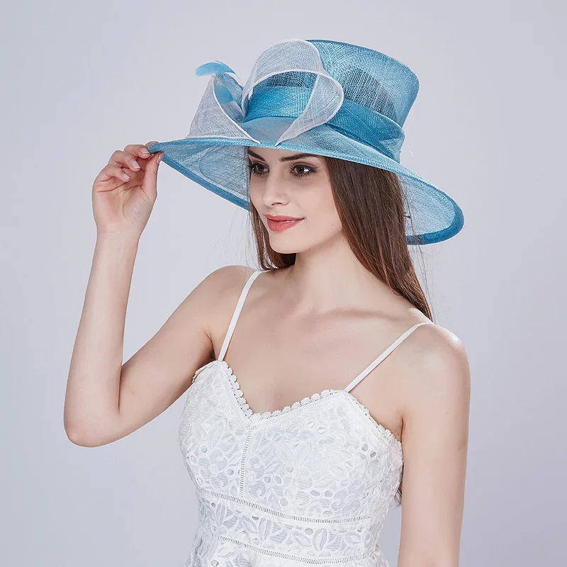 Ladies Sky Blue Sinamay Wide Brim Church Hat for Kentucky Derby