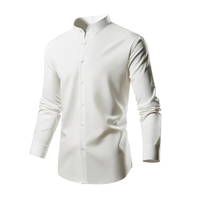 New Style Fashion Casual White Stretch Button Up Long Sleeve Stand Collar Dress Shirt for Men Cotton 1150