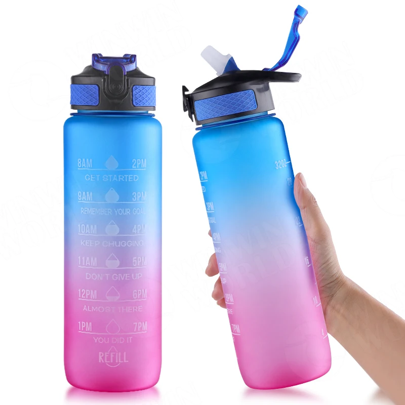Bouteille d'eau réutilisable en plastique sans BPA, écologique, plate, pour le voyage, le camping, 1000 ml, gobelet sport