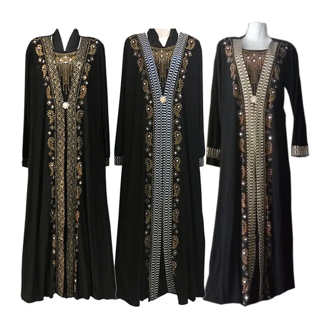 Wholesale Women Fashion Long Sleeve Pretty Diamond Muslim Islamic Dresses Cardigan Black Abaya (no Hat) Long Robe Dress
