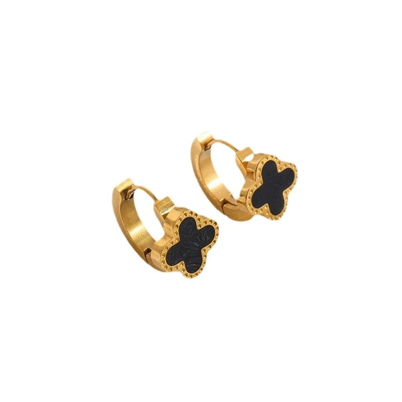 Diamond-Set Four-Leaf Stainless Steel Earrings