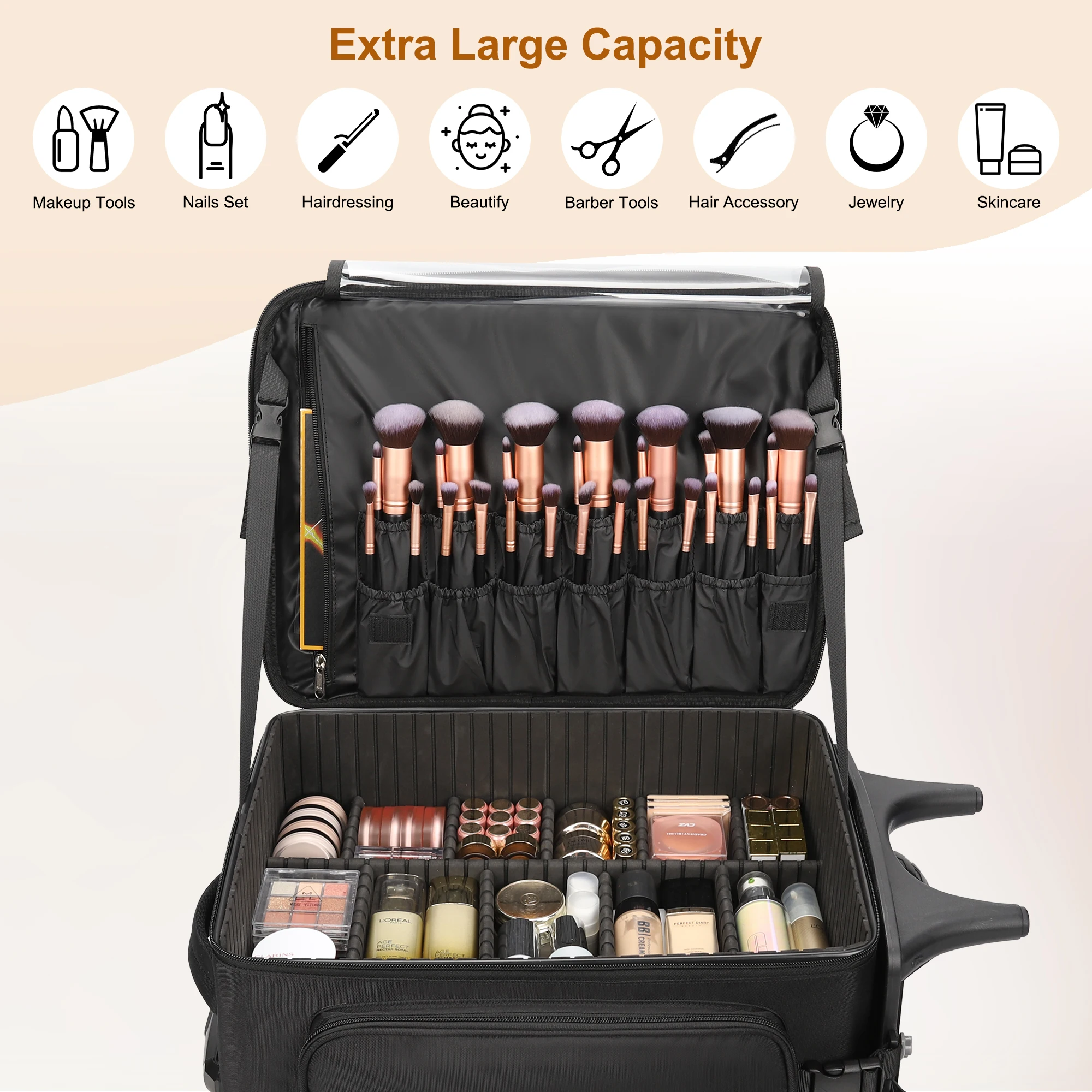 Relavel Cosmetic Trolley Case Backpack Makeup Artist Travel Rolling Case  with Small Pouches Large Capacity Makeup Suitcase