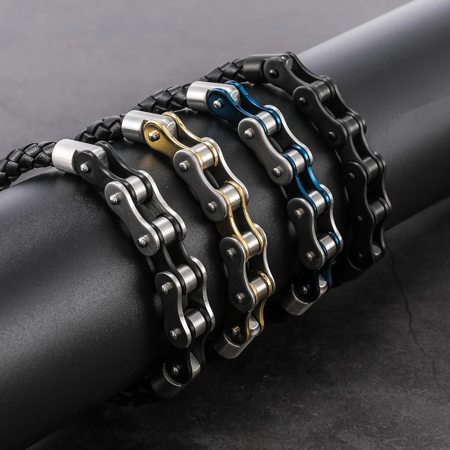 Wholesale Simply Style Men's Stainless Steel Bracelet Fashion Leather Bike Chain