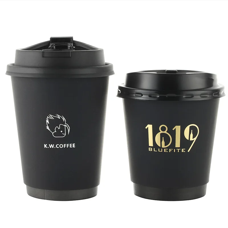 4oz 8oz 12oz Disposable Double Wall Hot Coffee Paper Cup All Black with Gold Foil Stamping Custom Logo PS Lid for Tea Pack