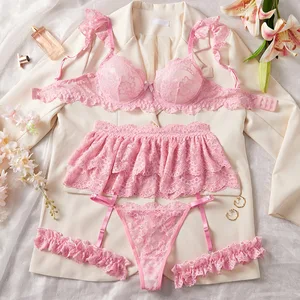 2026 New Arrival: Hot-Selling High-Quality Lace Sexy Lingerie Small-Bust Enhancing Push-Up Bra with Garter Belt and Leg Garters