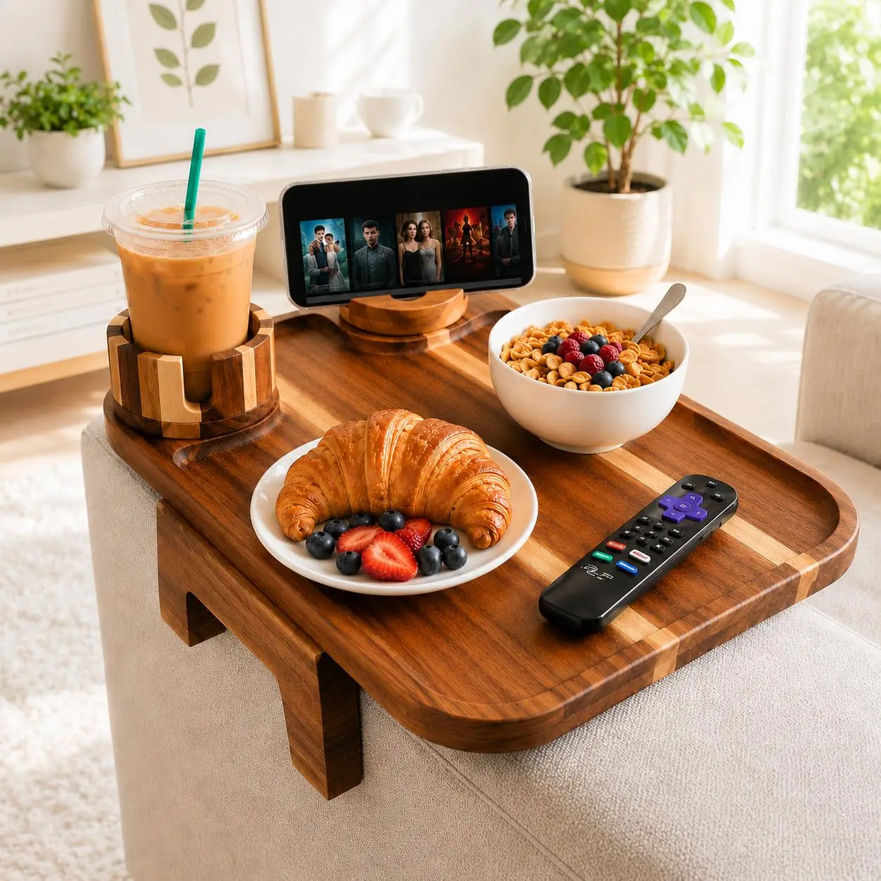 Acacia Wood Couch Arm Tray Sofa Armrest Table With Cup Holder Phone Holder Sofa Side Organizer for Home Living Room