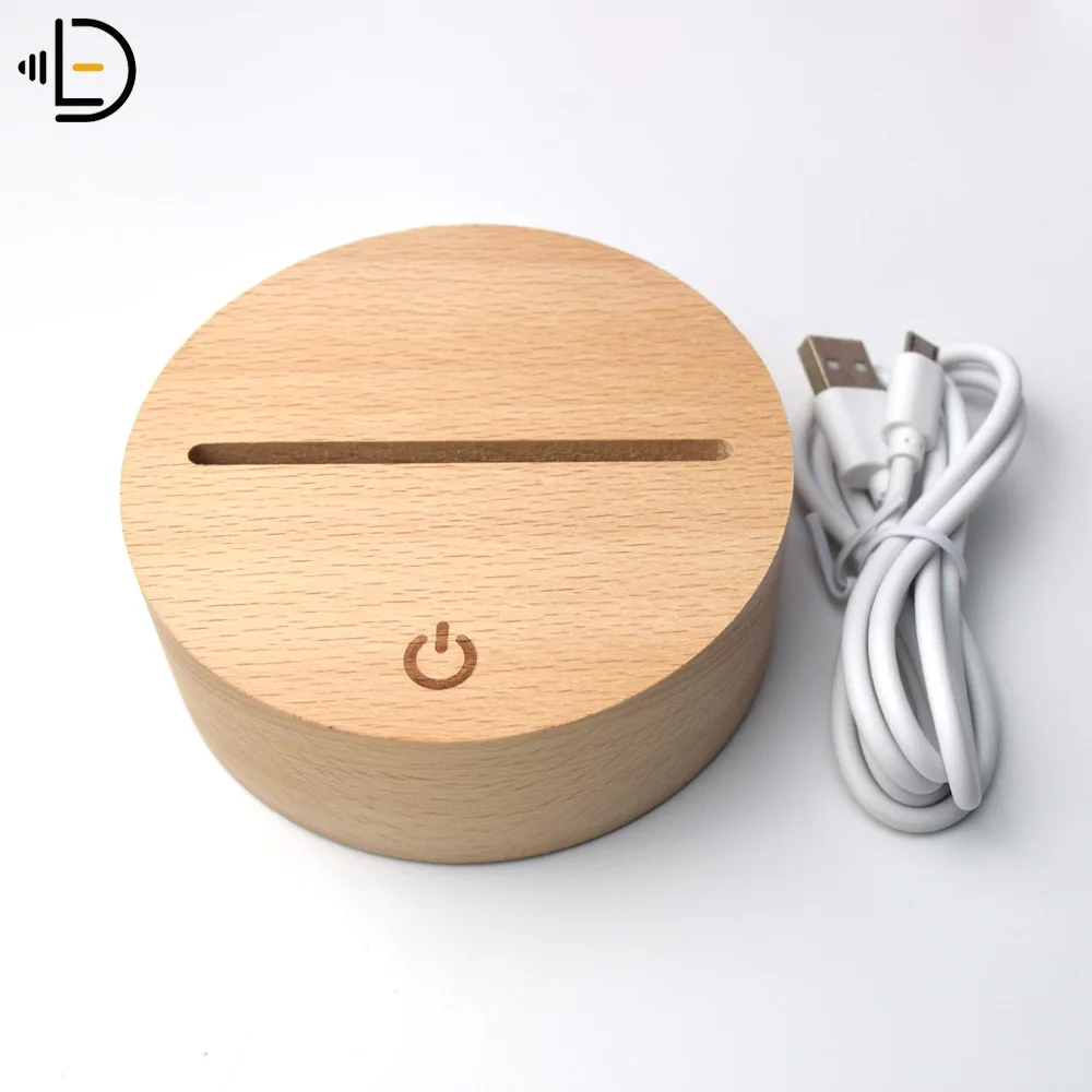 7 Color Changing RGB Round Wood Lamp Base for 3D Acrylic Visual LED Night Light USB AAA Battery Power