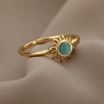 Fashion Jewelry Vintage Opal Stainless Steel Sun Rings Moonstone Two Colors Gold Jewelry 18K Gift Rings Women