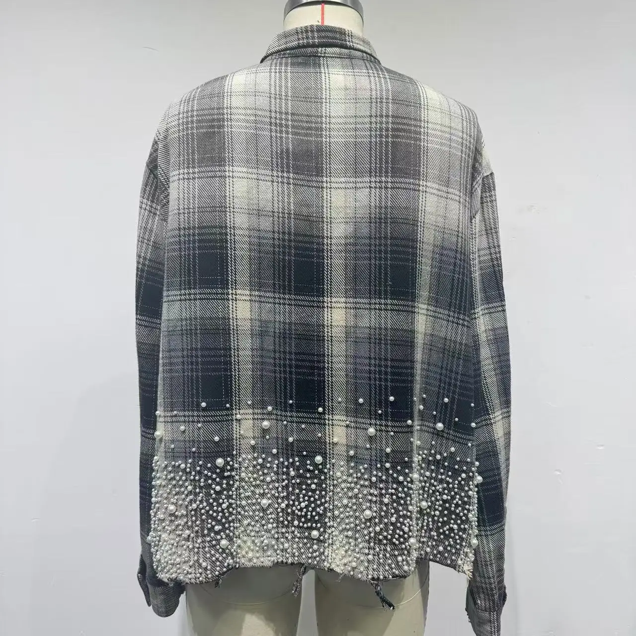 Salati Customized Street-style Flannel Shirt Men's Plaid Check Long Sleeve Flannel Rhinestone Stud Men's Shirts gallery 2