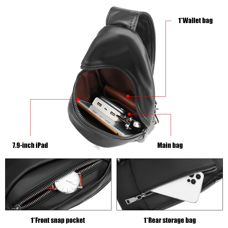 One Strap Backpack Pechera Para Hombre Oem Crossbody Bag Casual  Sports Waterproof Running Black Leather Men's Chest Bag