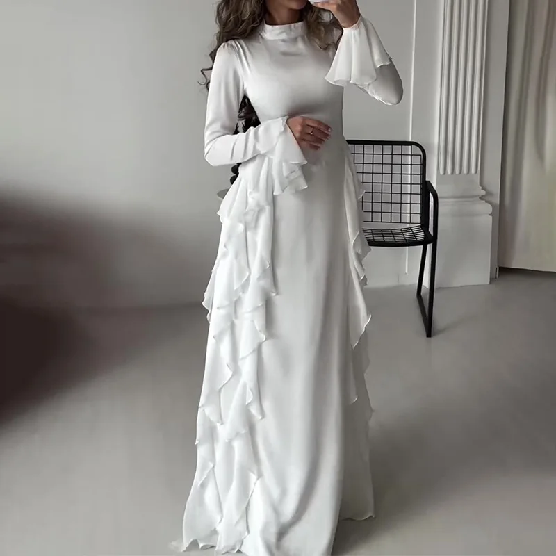 Autumn Fashion Stringy Selvedge Flared Long Sleeve Dress White O Neck High  Waist Dinner Gown Party Vestidos Women's Long Dresses