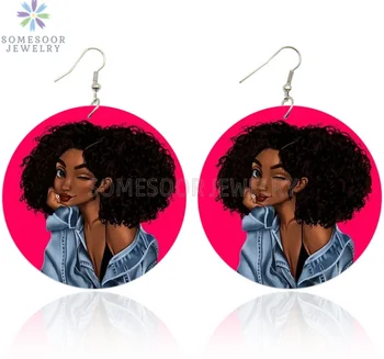 Factory direct exaggerated African fashion wooden printed earrings