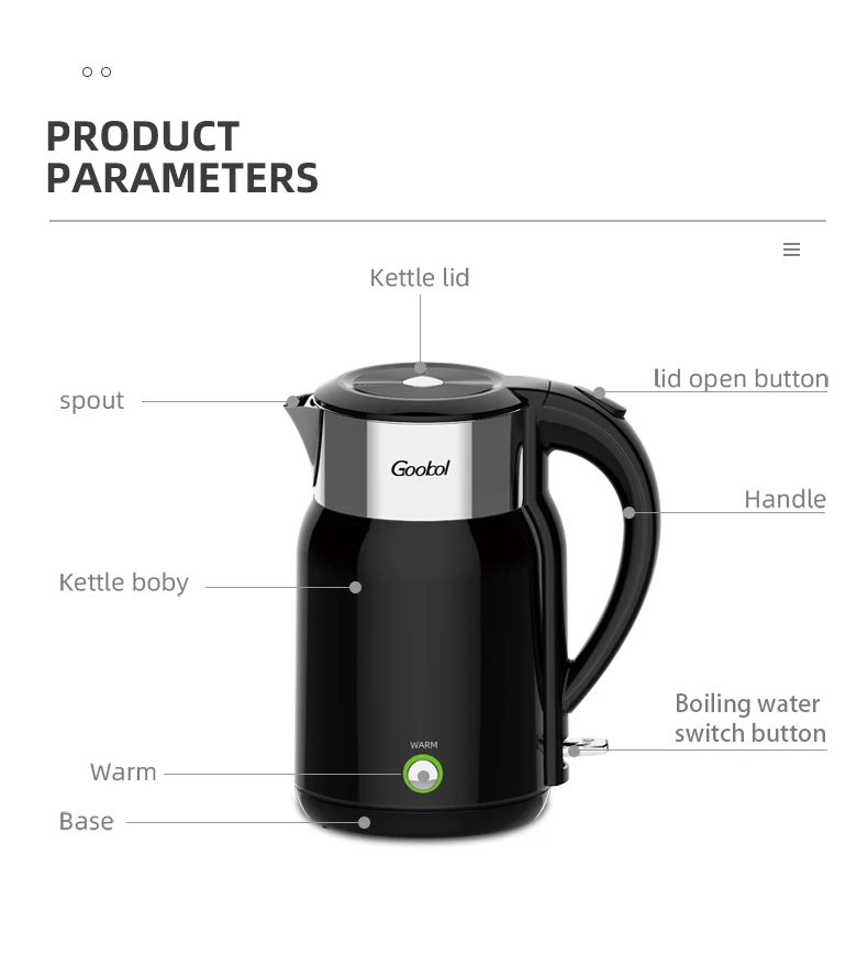 2023 Popular Double Wall 2l Jug Kettle Electric Pot Water Boiler Kettle