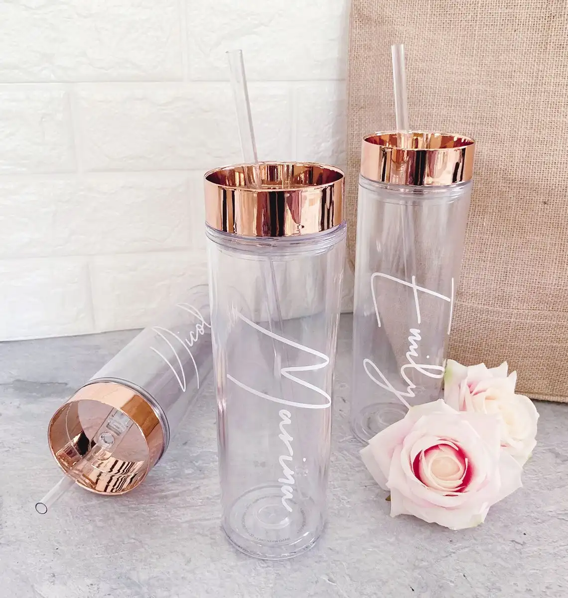 Bachelorette Tumblers - Personalized Rose Gold Skinny Mugs
